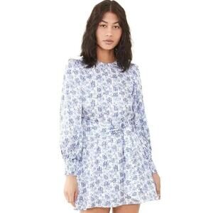 Alice + Olivia Molli Blue White Print Belted Mini Dress Long Sleeve 4